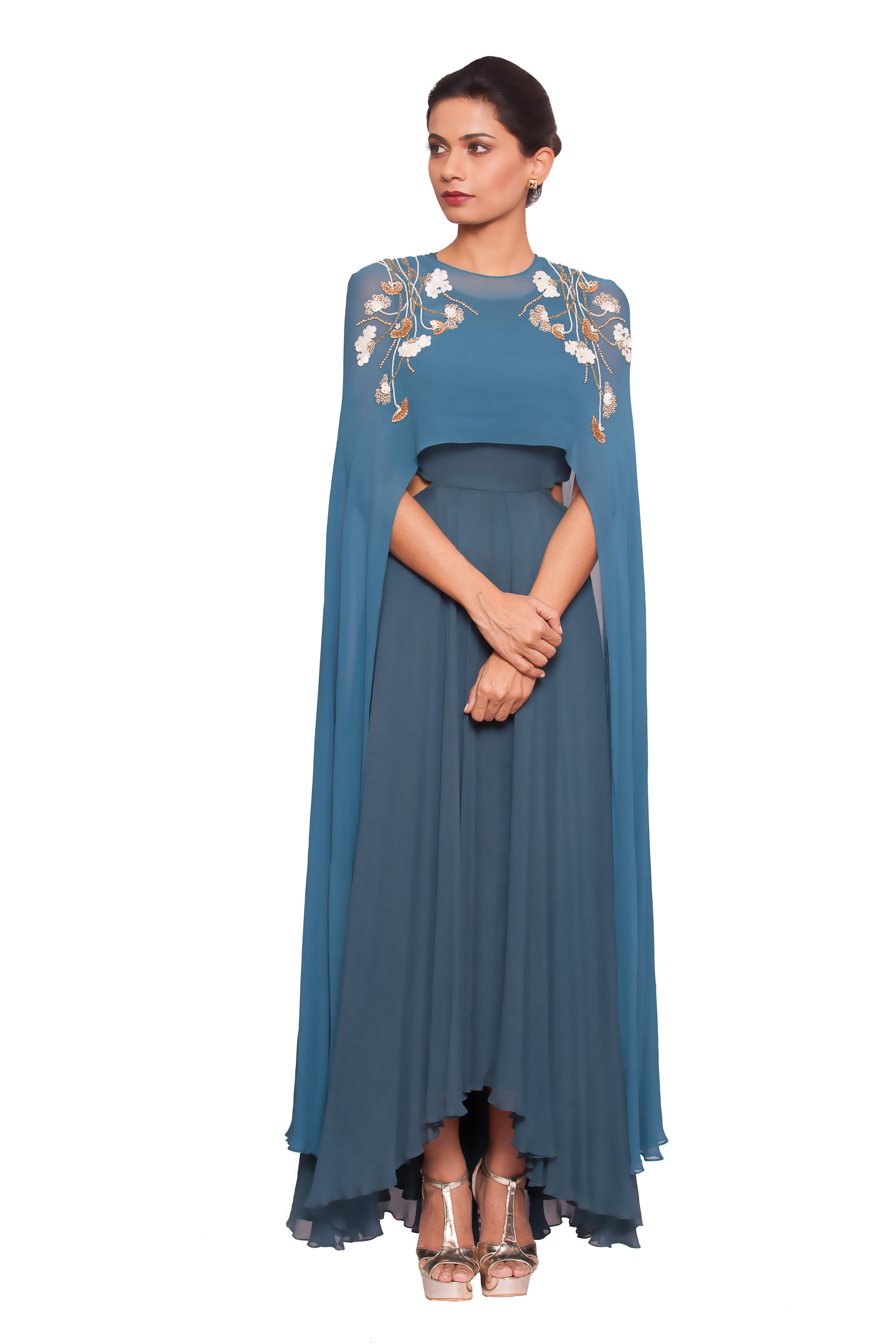 asymmetric gown in teal color,