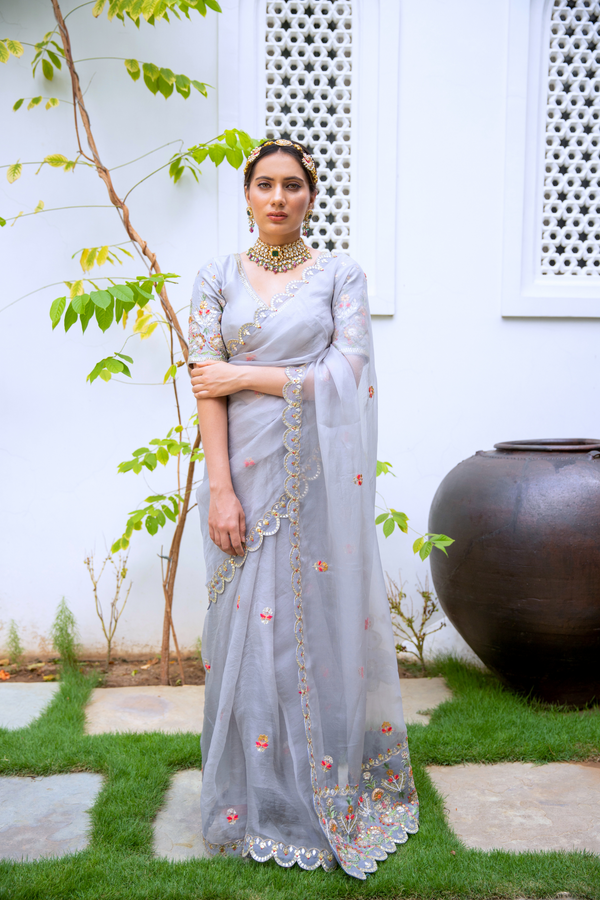 Grey Saree in silk organza base with French knots hand embroidery 