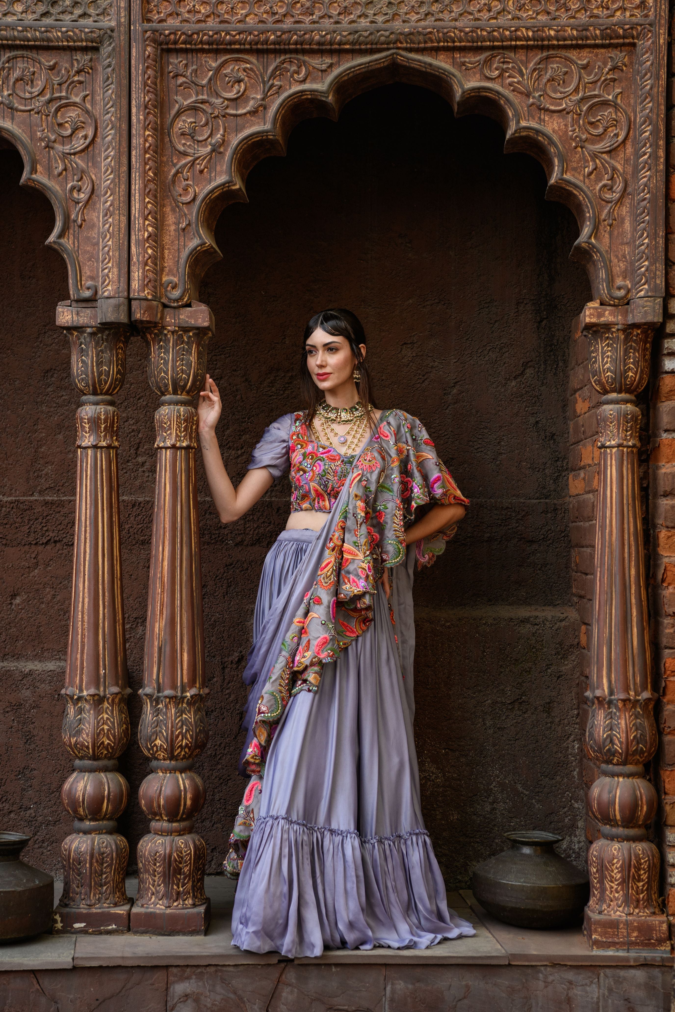 Lavender Floral Embroidered Lehenga Paired with Attached Frill Drape