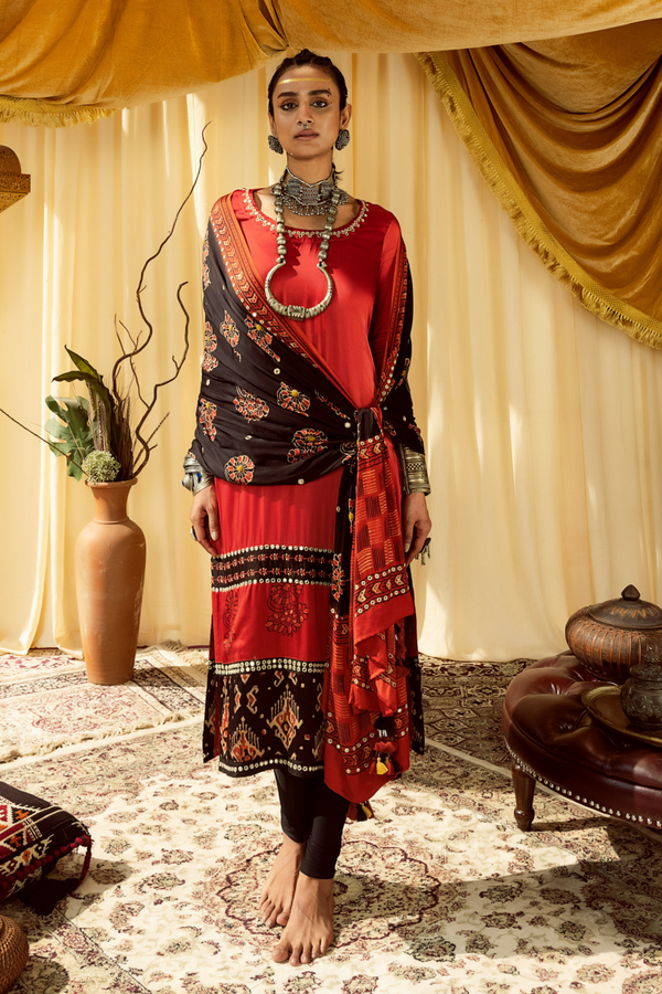 Rust Straight Suit with Embroidery