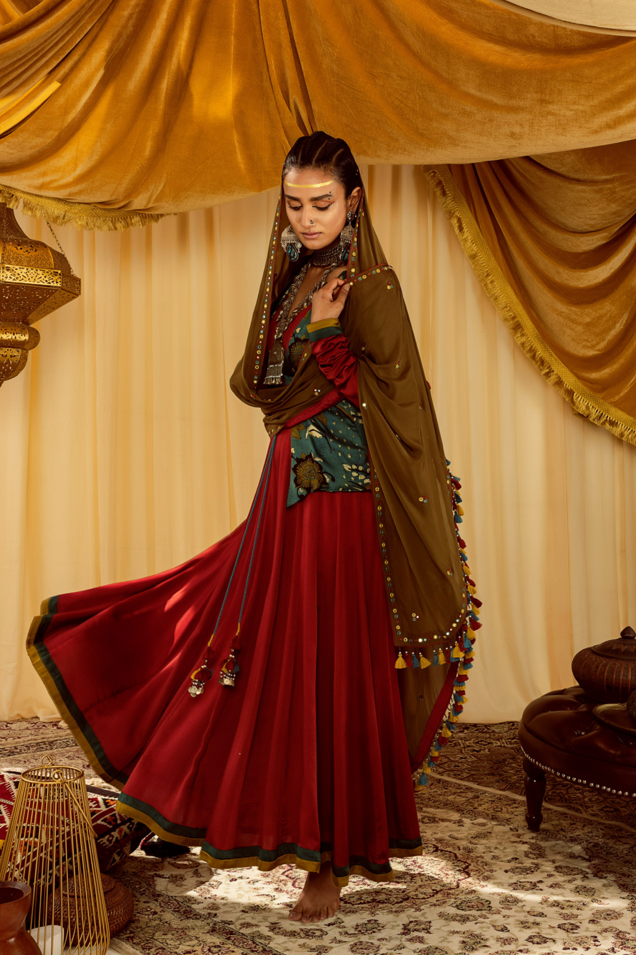 Red Anarkali Set with Waistcoat