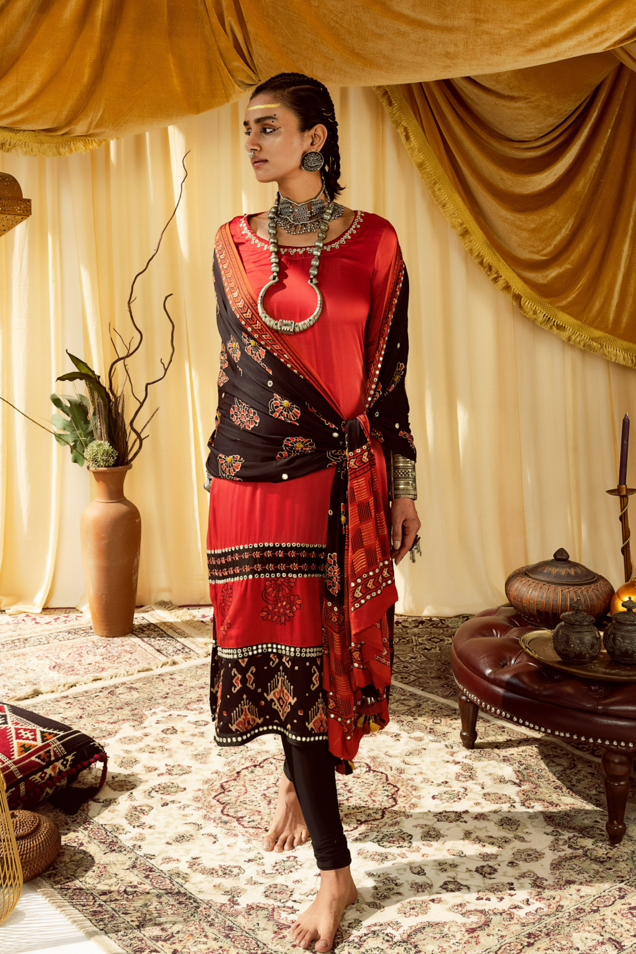 Red Straight Suit with Embroidery