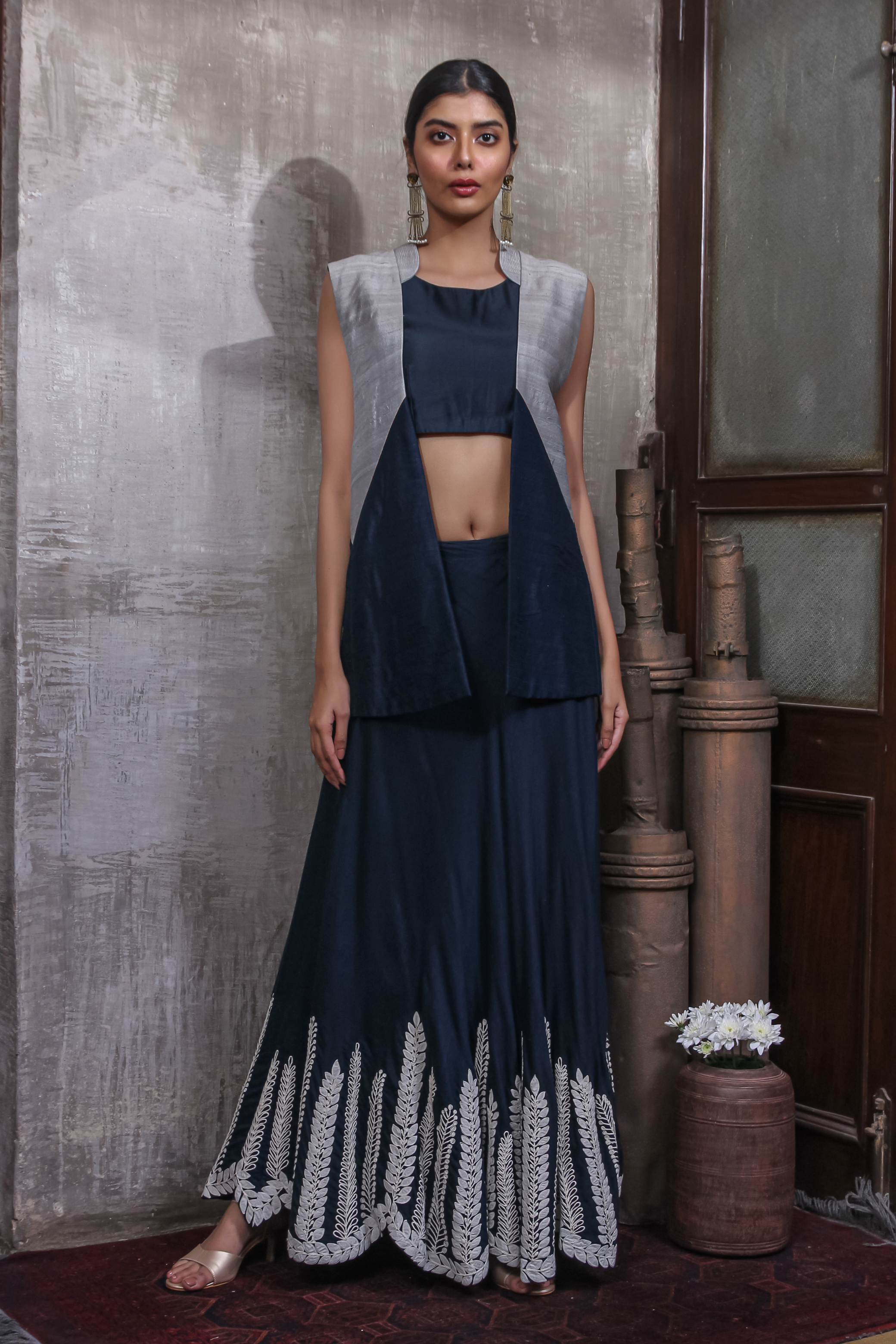 Navy Blue Skirt Set with Embroidery