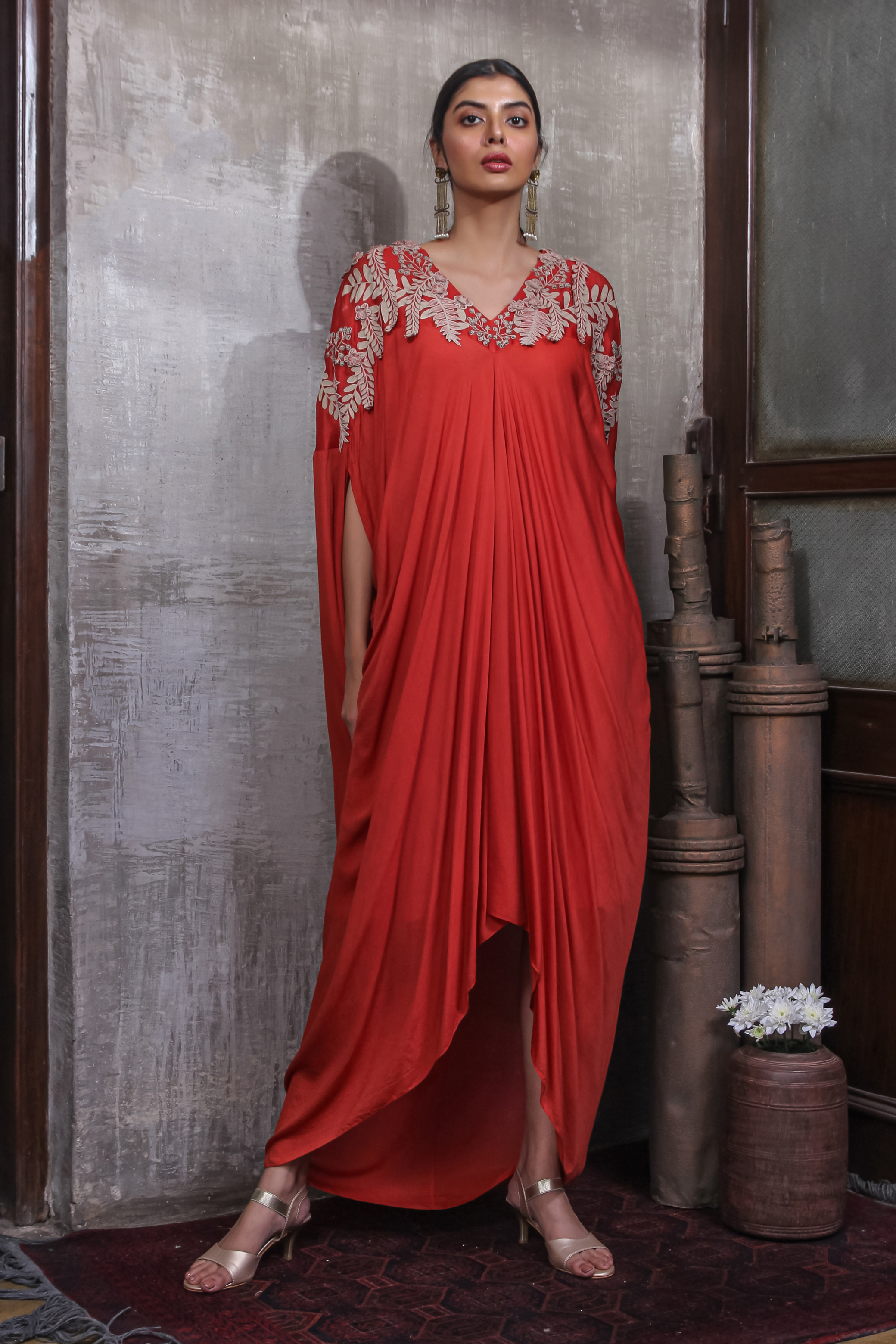 Red Cocoon Dress with Embroidery