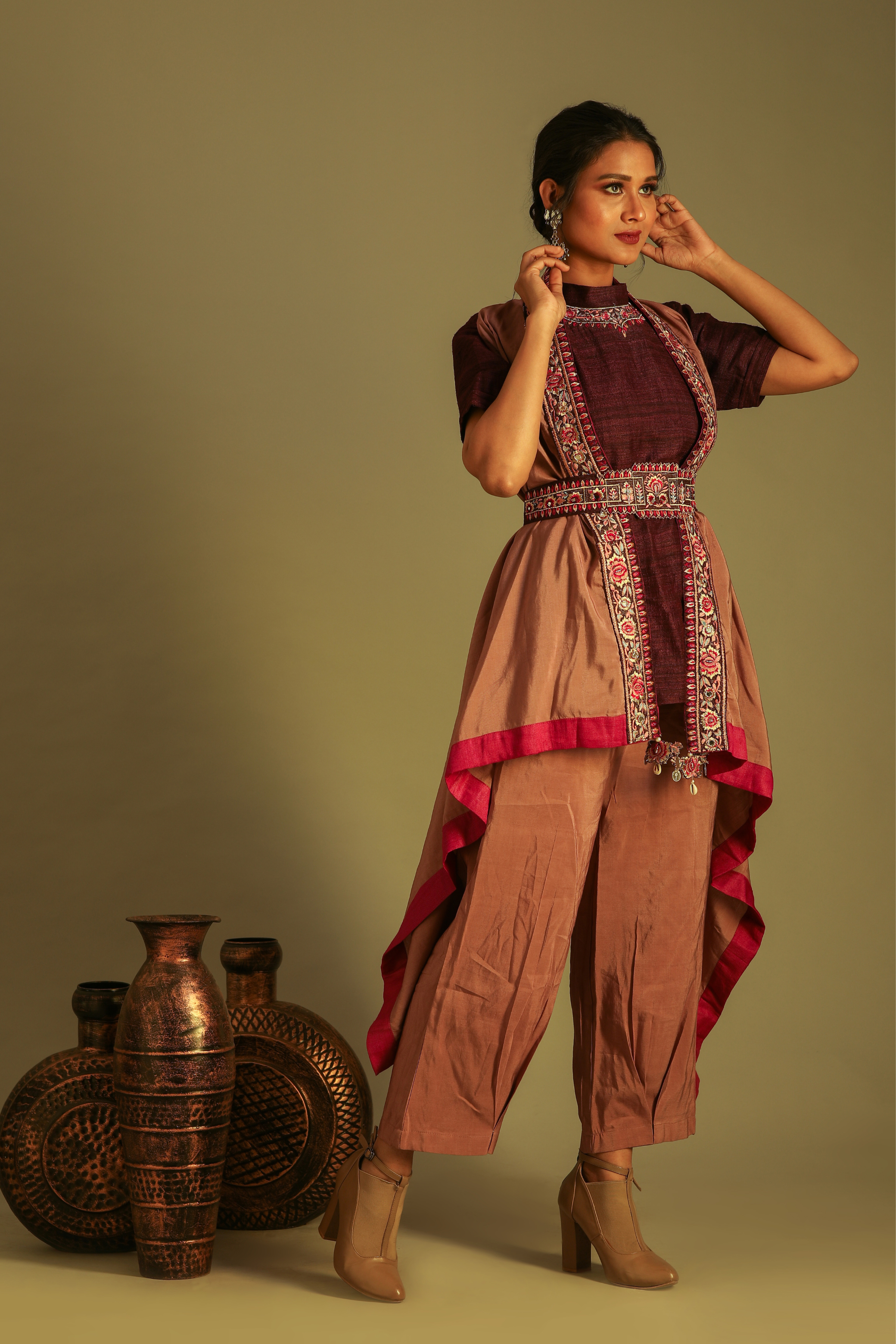 Maroon Kurti with Embroidered Cape and Waist Belt