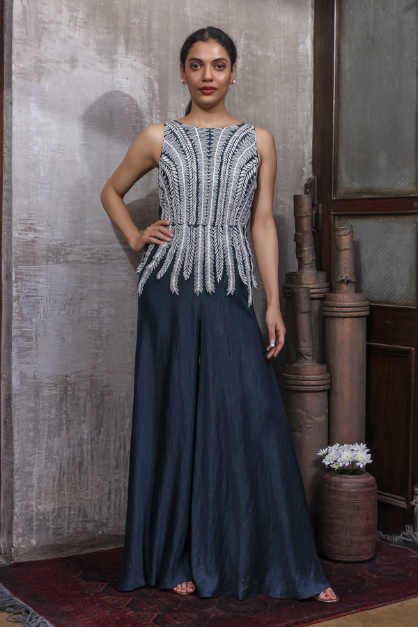 Nvay Blue Flared Jumpsuit with Embroidery
