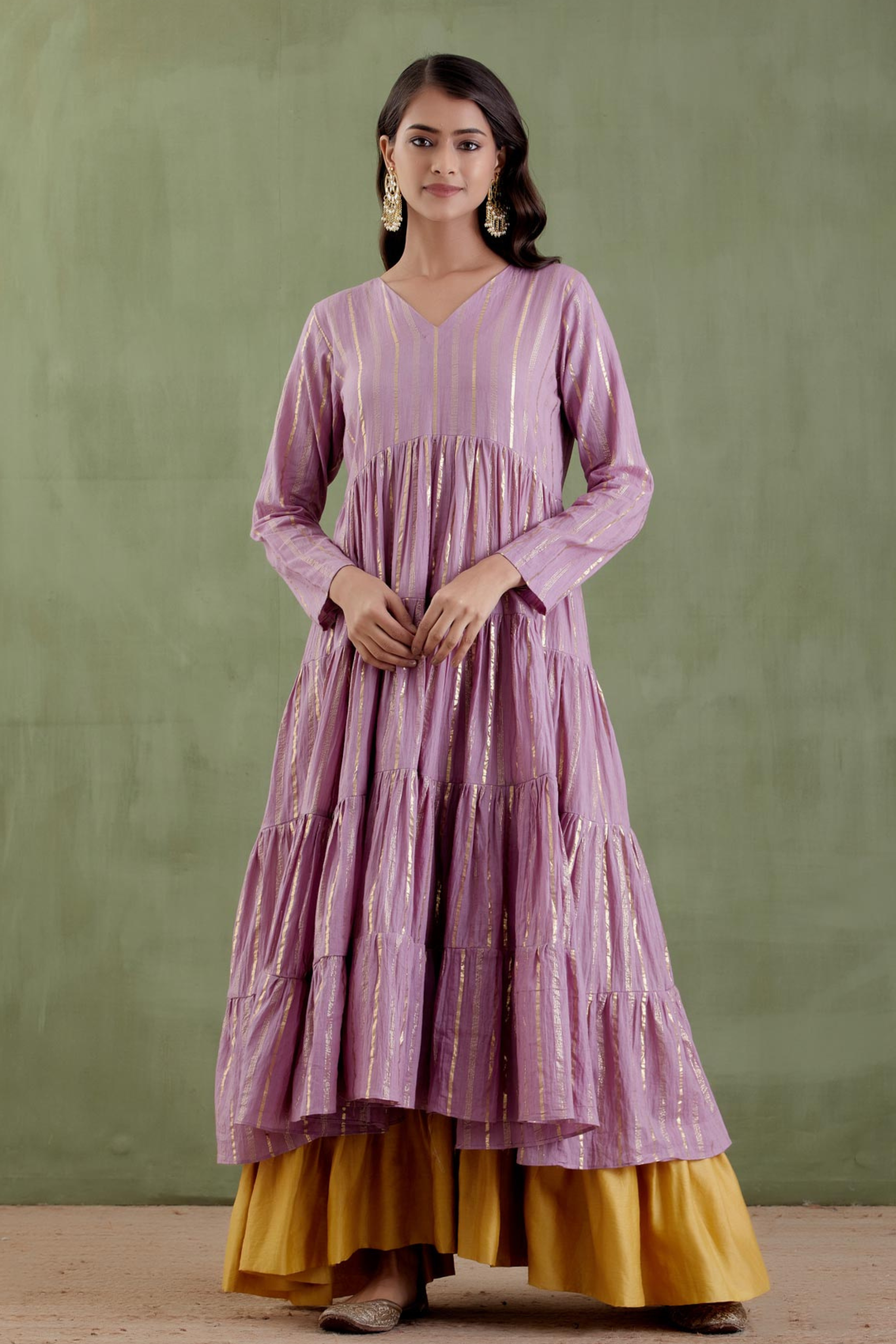 Lilac Dress with Yellow Dupatta and Pants