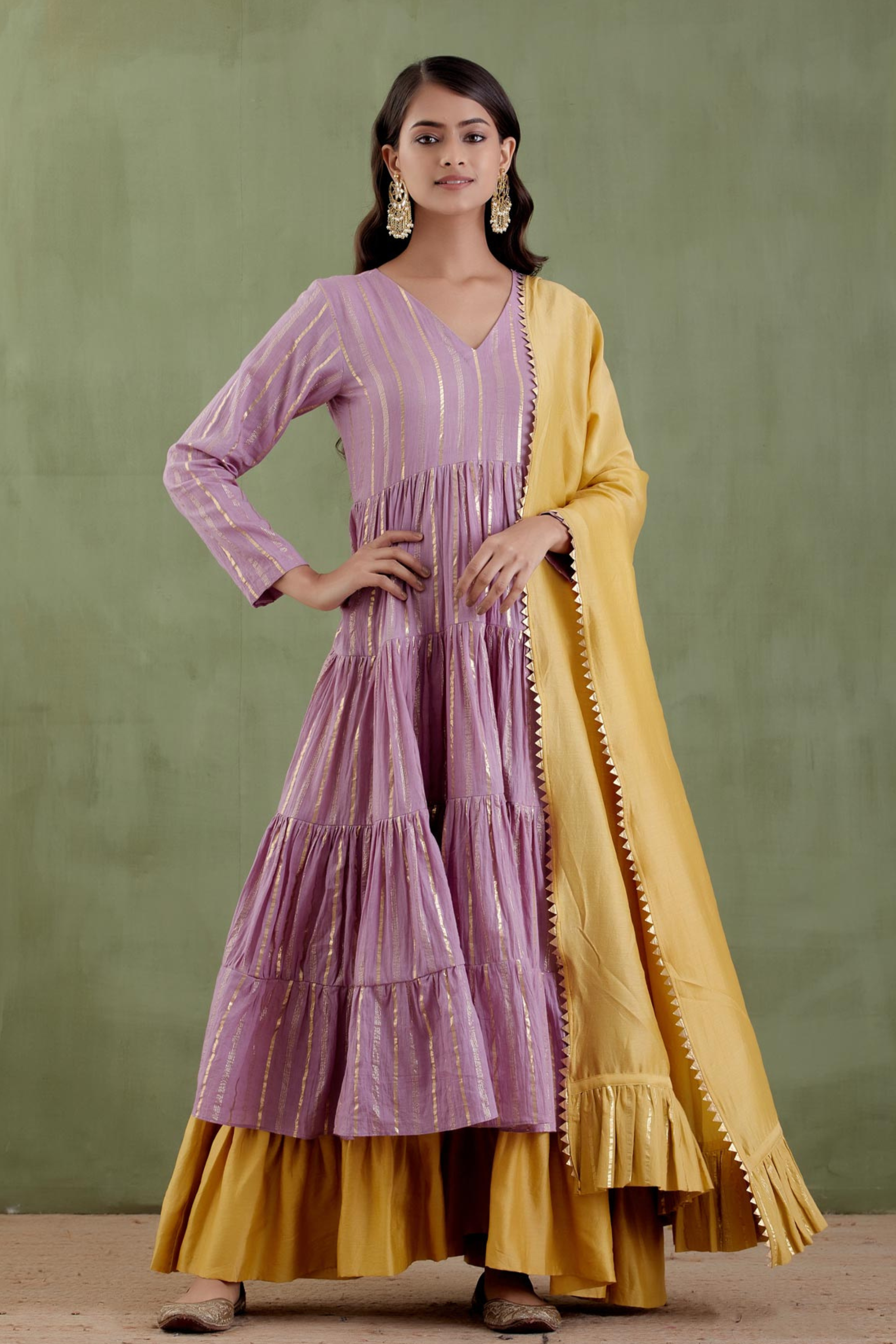 Tiered Lilac Dress with Yellow Dupatta and Pants