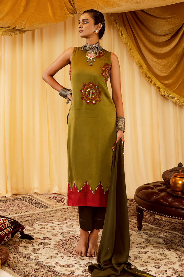 Olive Green straightcut kurti with Embroidery