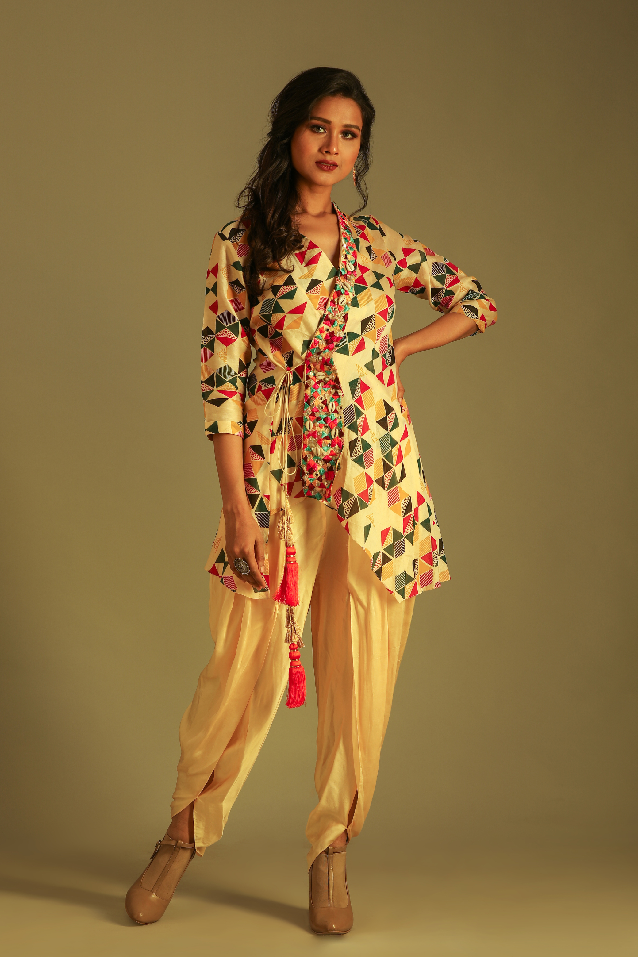 Printed Kurti with Cape and Pleated Dhoti Pant