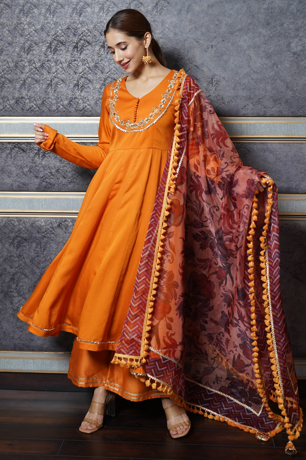 Embroidered Orange Anarkali Set
