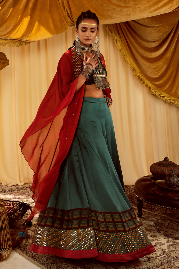 Embroidered Teal Blue Lehenga with Cape