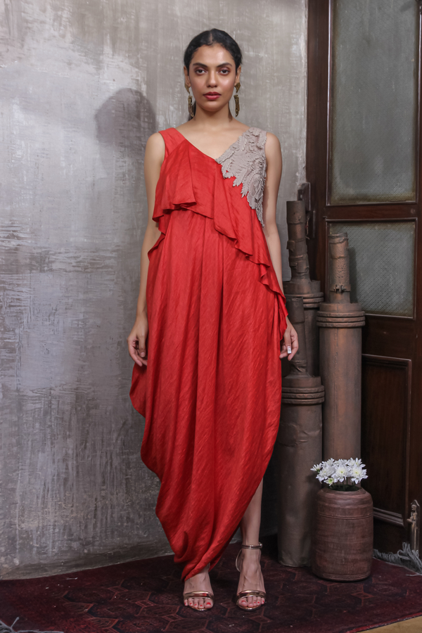 Red Draped Dress with Embroidery