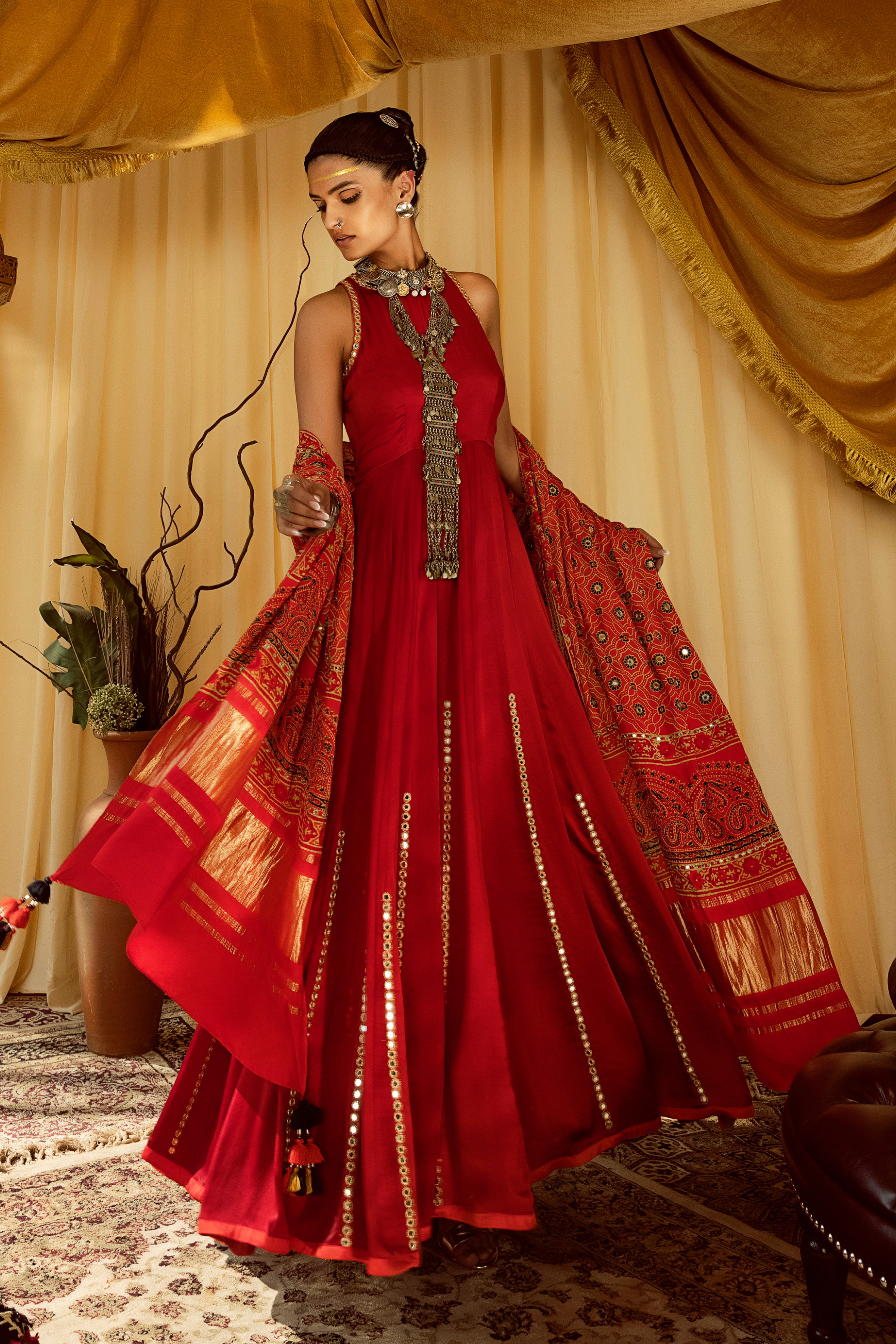 Royal Red Anarkali with Mirrorwork