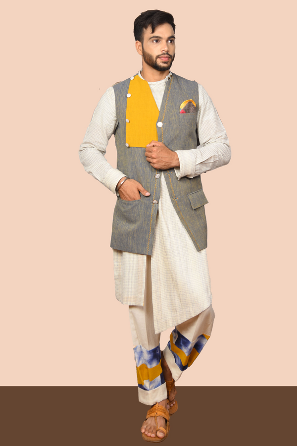 Grey Yellow Stripe Indianwear Jacket for Men 