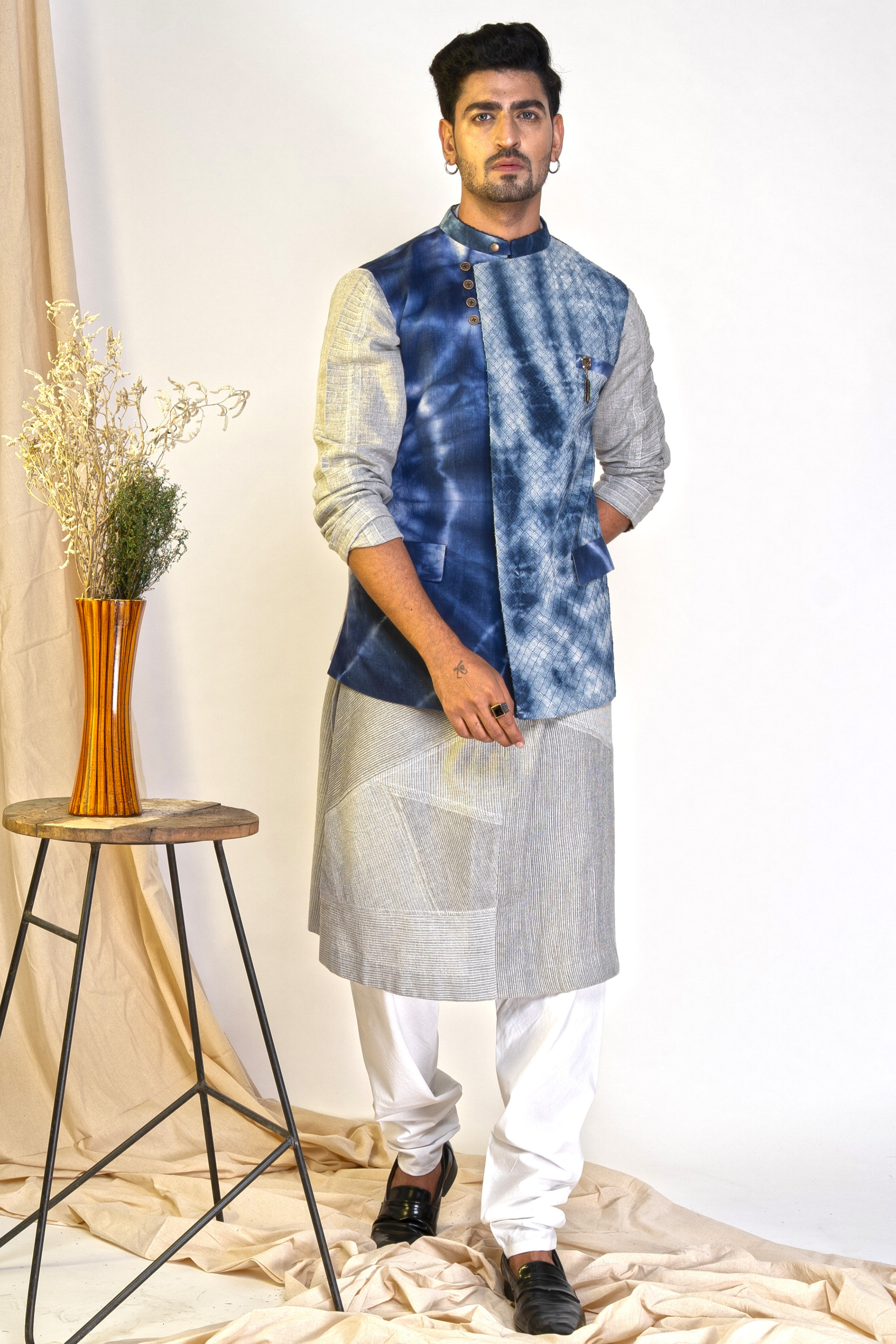 Blue Nehru Jacket with Tie and Dye