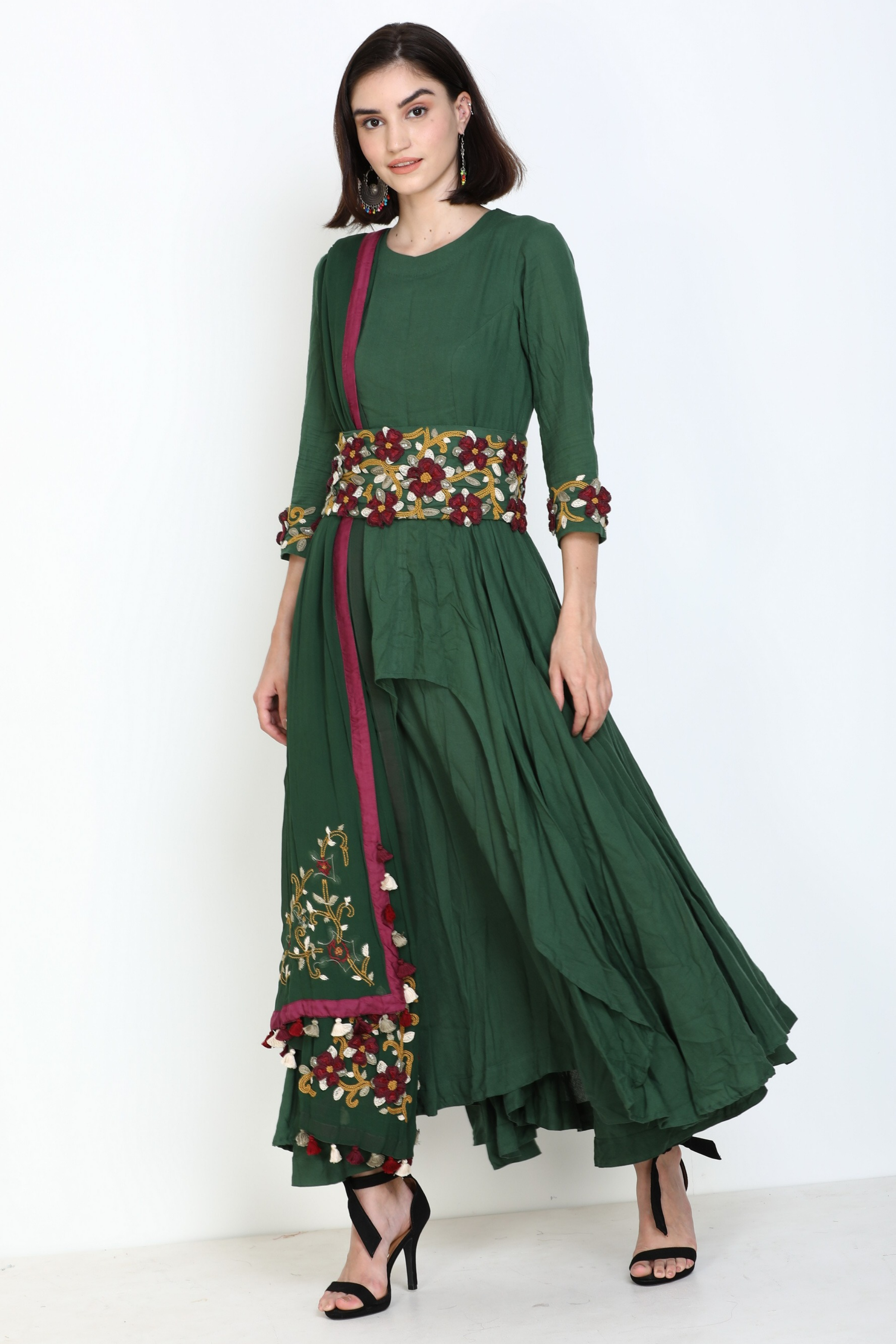 Double tier Asymmetric Green Suit with Embroidery