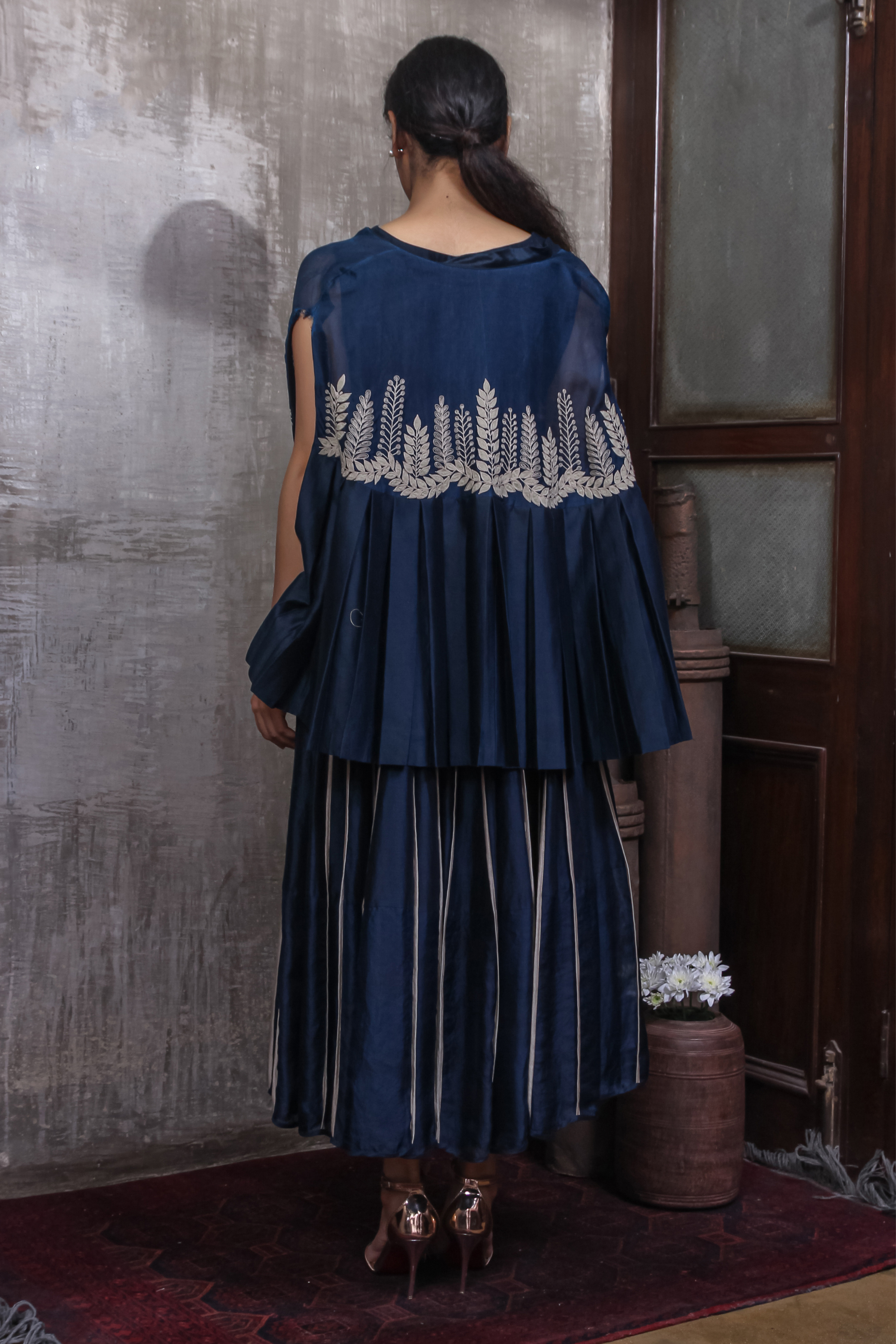 Embroidered Blue Cape and Skirt Set 