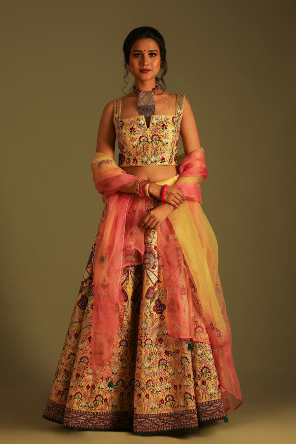 Multi Color Embroidered Banarasi Lehenga Set