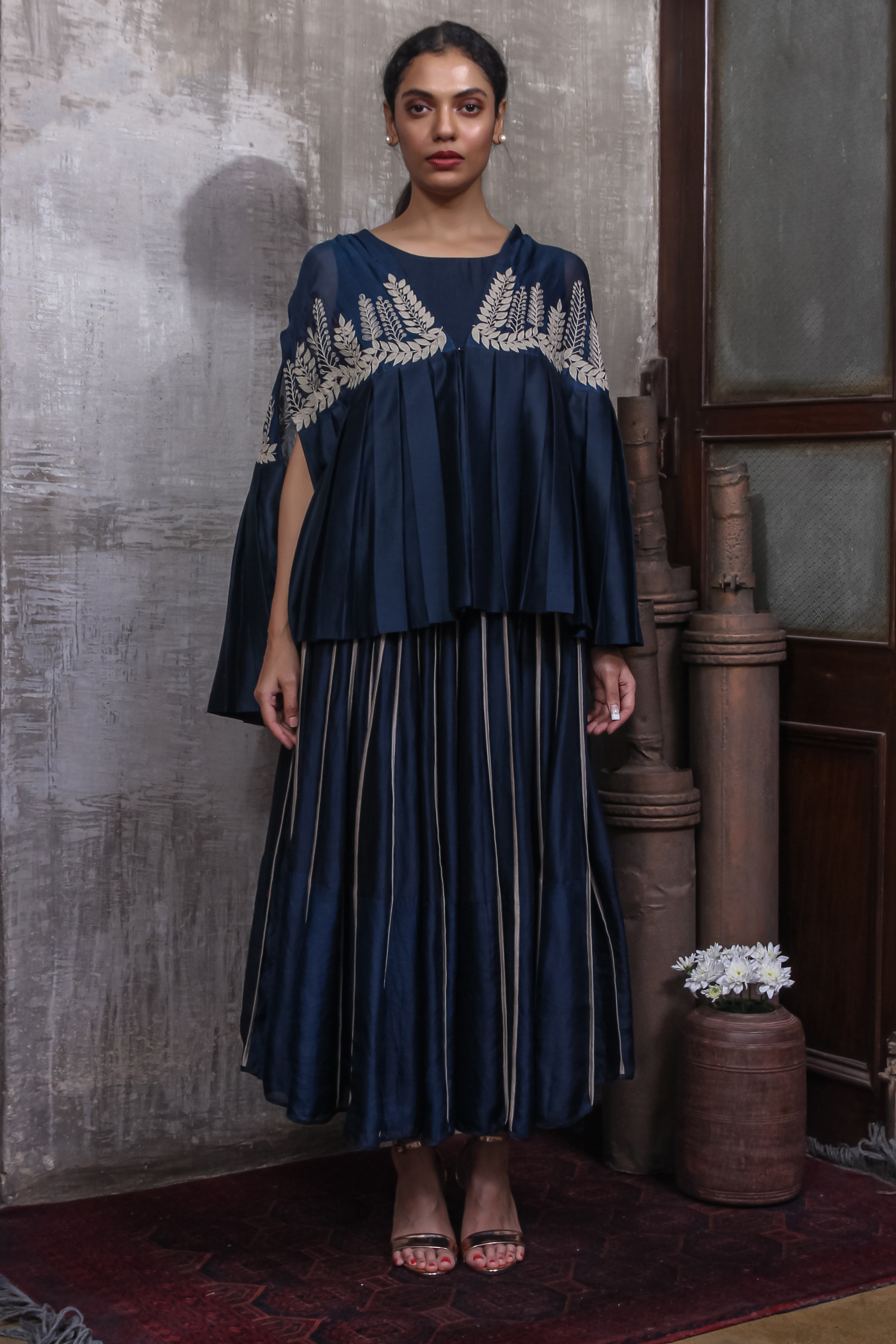 Blue Cape and Skirt Set with Embroidery