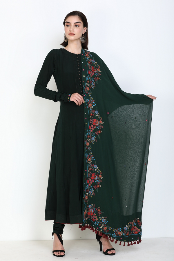 Dark Green Anarkali Set with Embroidery 