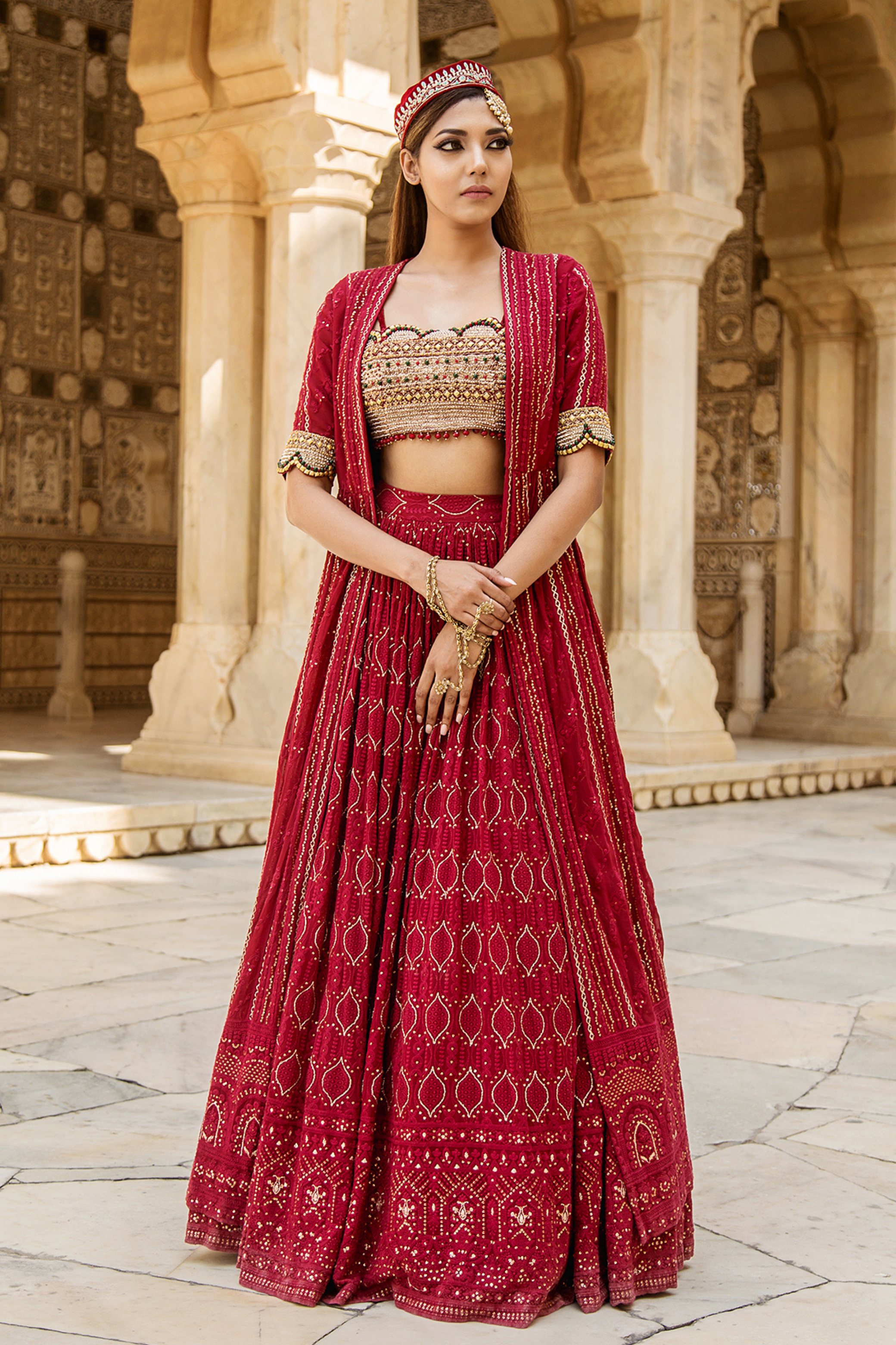 Red Chikankari Lehenga with Embroidered Blouse and Cape