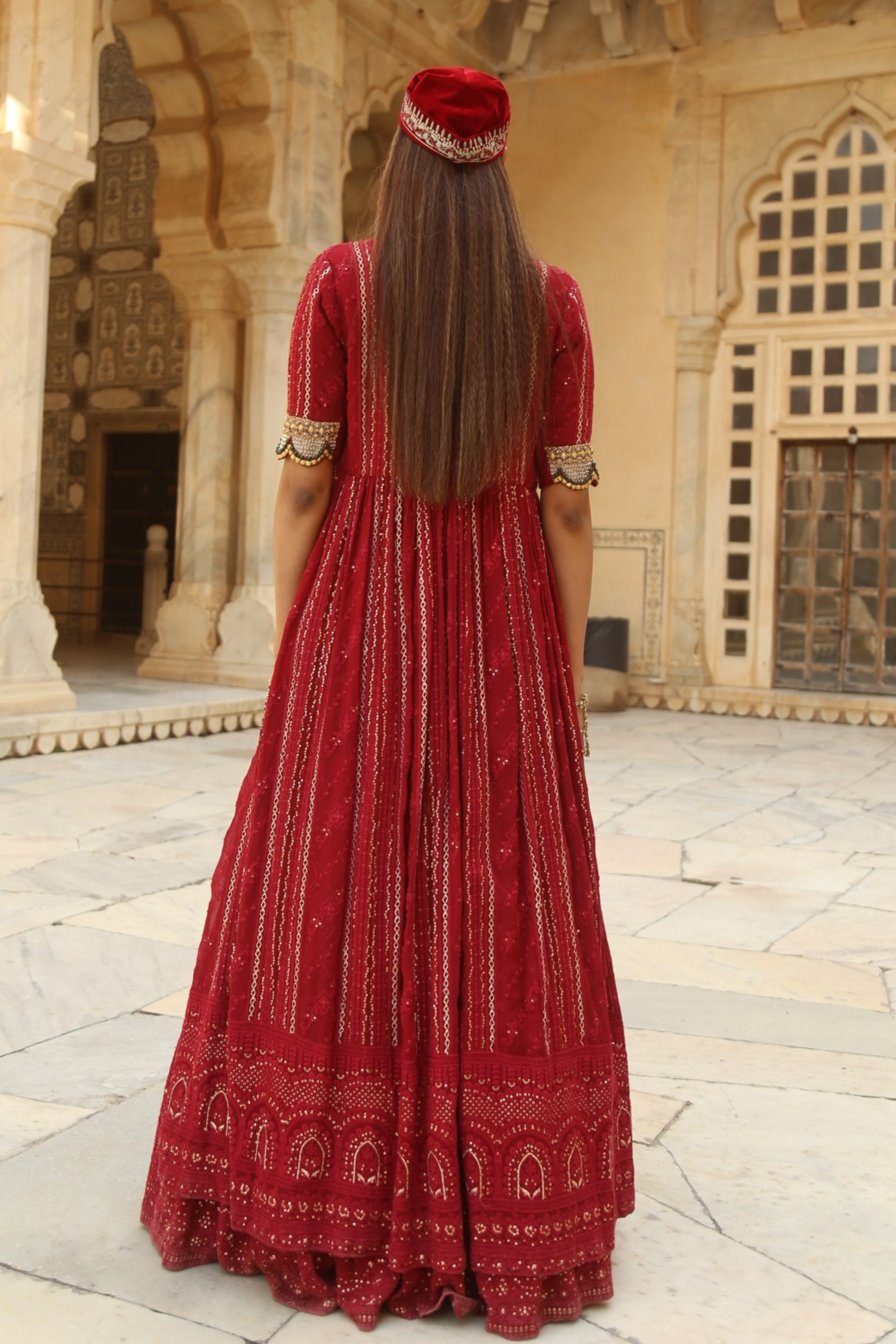 Red Chikankari Lehenga with Embroidered Blouse and Cape