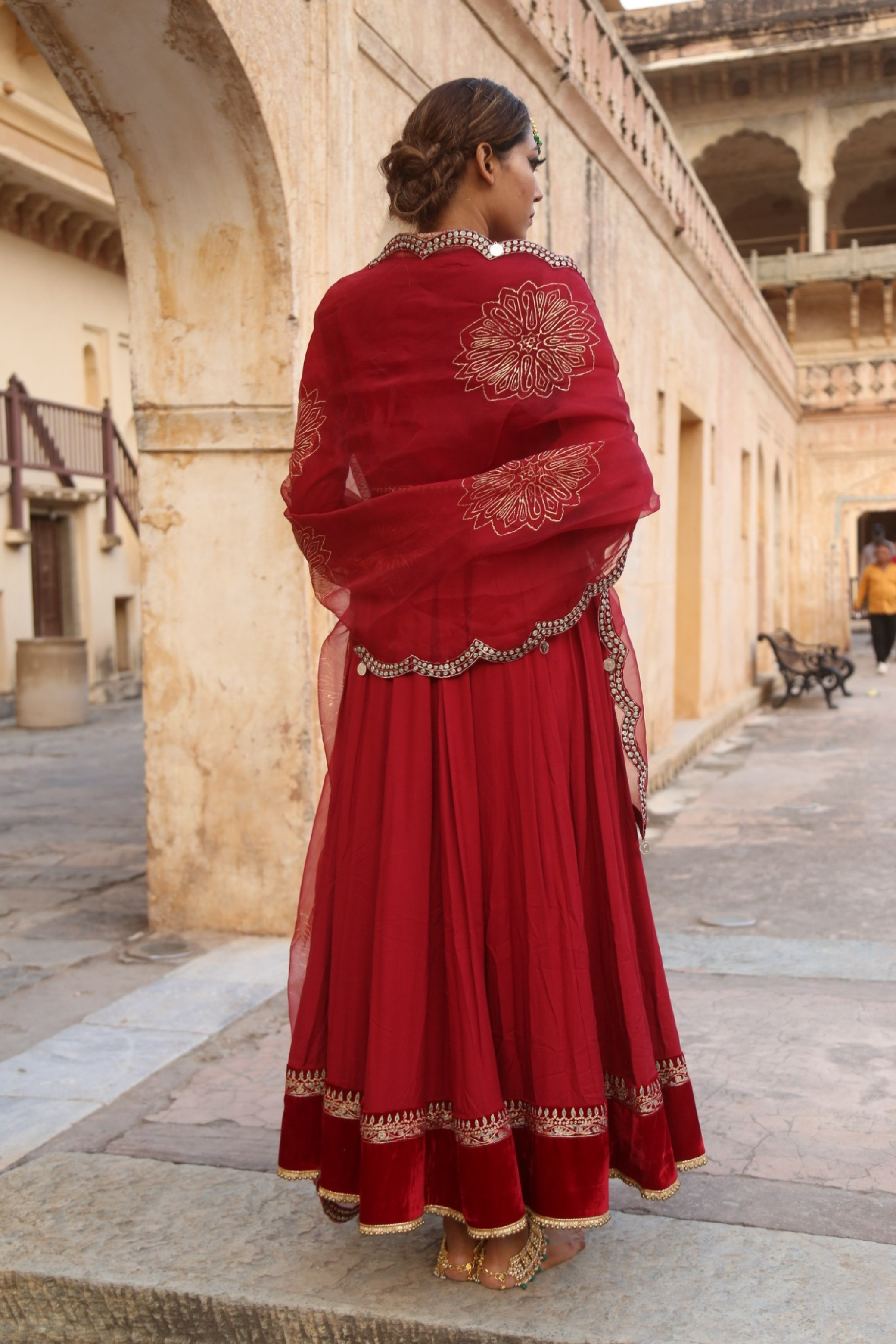 Red Anarkali with Velvet Waistcoat and Floral Dupatta