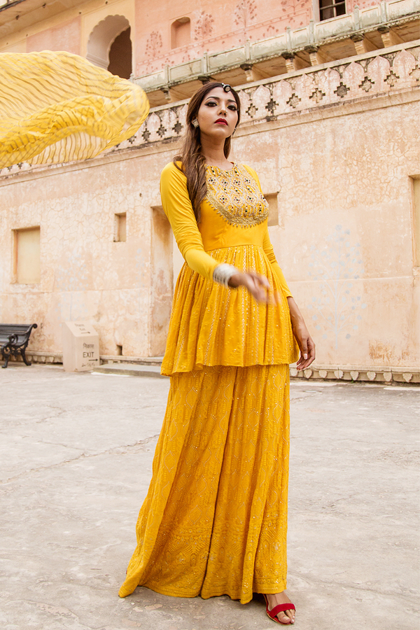 Vibrant Yellow Lucknowi Kurti with Pallazo Pants