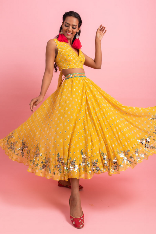 Yellow Crop Top with Skirt Set